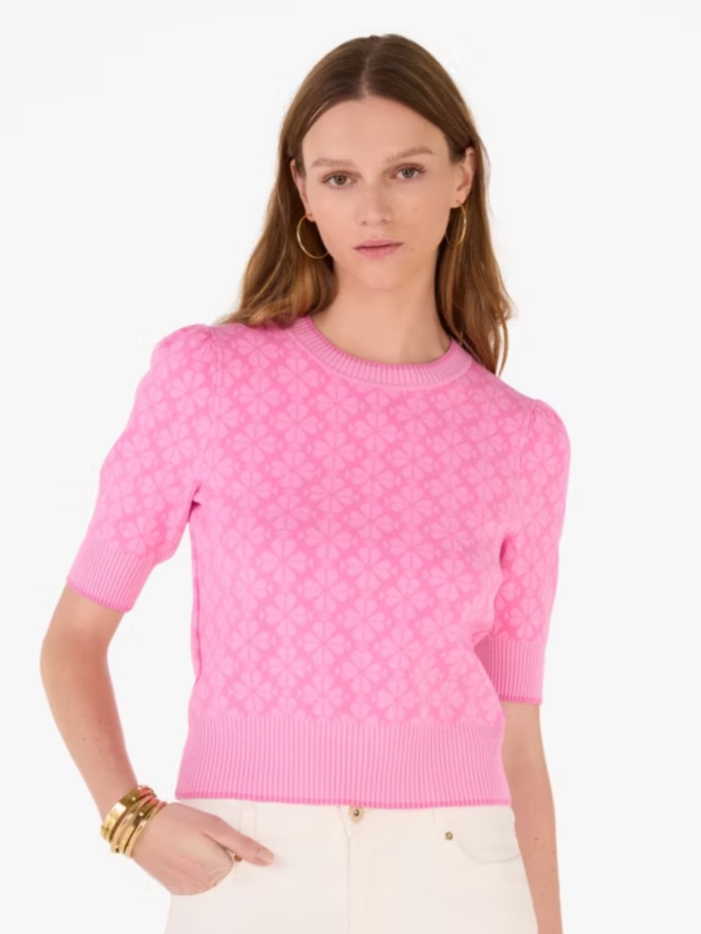 kate spade Pink Spade Flower Puff-Sleeve Crewneck Sweater